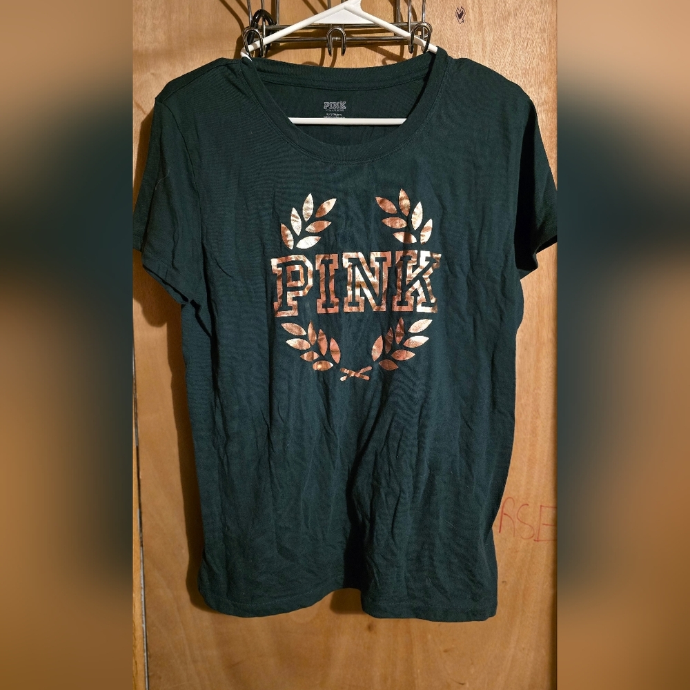 Victoria's Secret PINK Green T-Shirt with Gold logo
